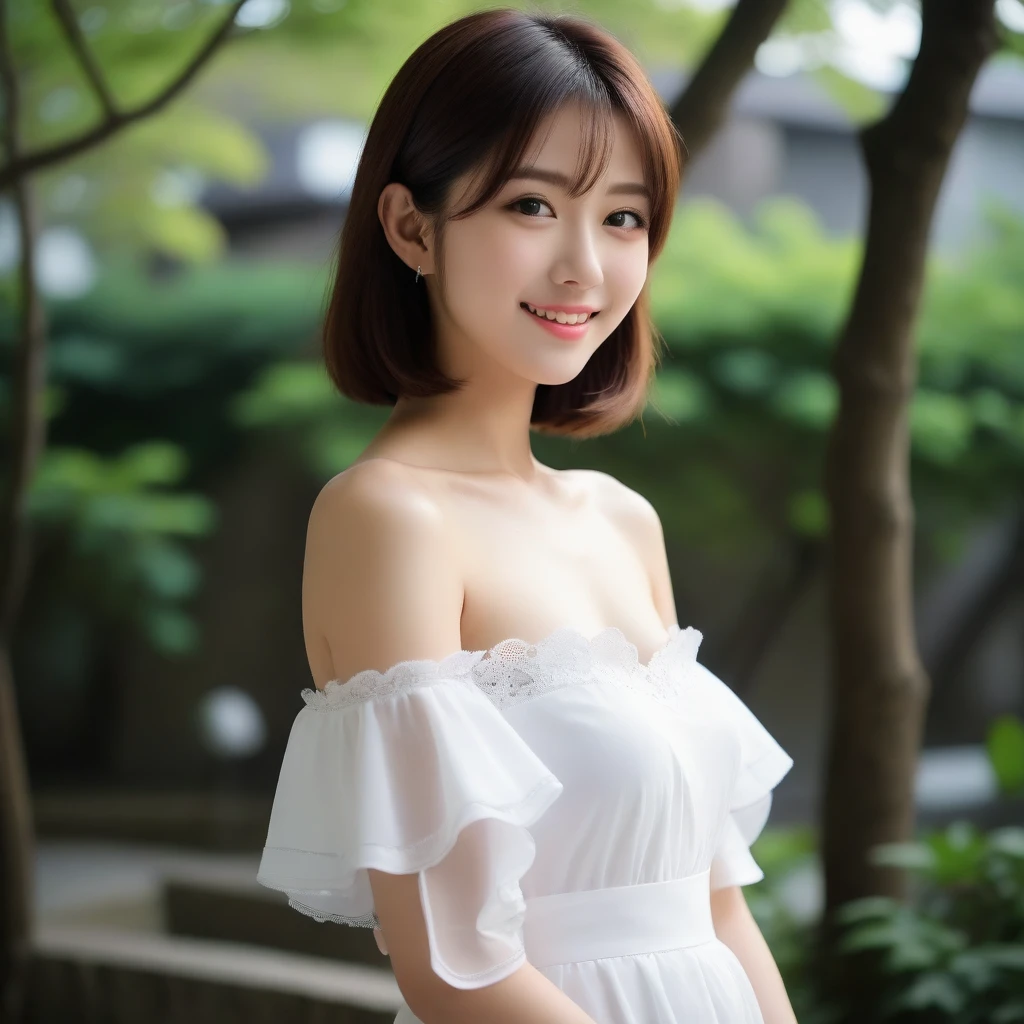 8k, Ultra-high resolution, Highest quality, masterpiece, 三分割法によるphotograph,Surreal, photograph, 1 girl, (16 years old:1.3), pretty girl, Cute face, Beautiful eyes in every detail, 細かくdetailedに,masterpiece,, One Girl:1.2, Japan Female Announcer,whole body,Young Wife,Urban area,street tree,Mini length dress,Full of cleanliness,A carefree smile,Healing the heart,Short Bob,Looking at the audience、beauty,Long neck、Laugh a little、Please close your mouth and laugh、(((Ideal body type))),A-cup small breasts :2,、Portraiture:2、Perfect Anatomy、鮮明なdetailed、detailed、Surreal、Light and shadow,Strong light