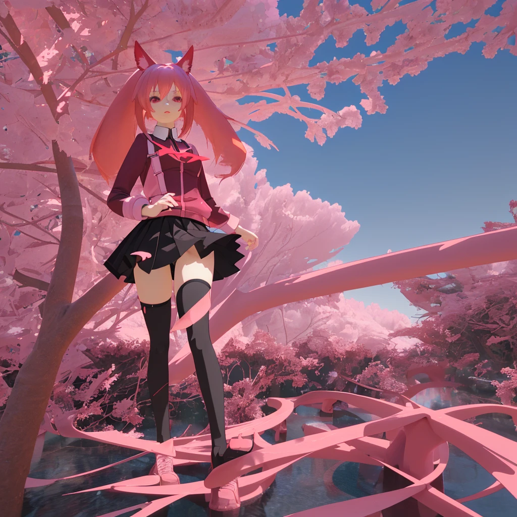 anime girl in a short skirt and knee-length stockings, red-pink hair, two tails, full-length, in a beautiful place, 3D wallpaper.