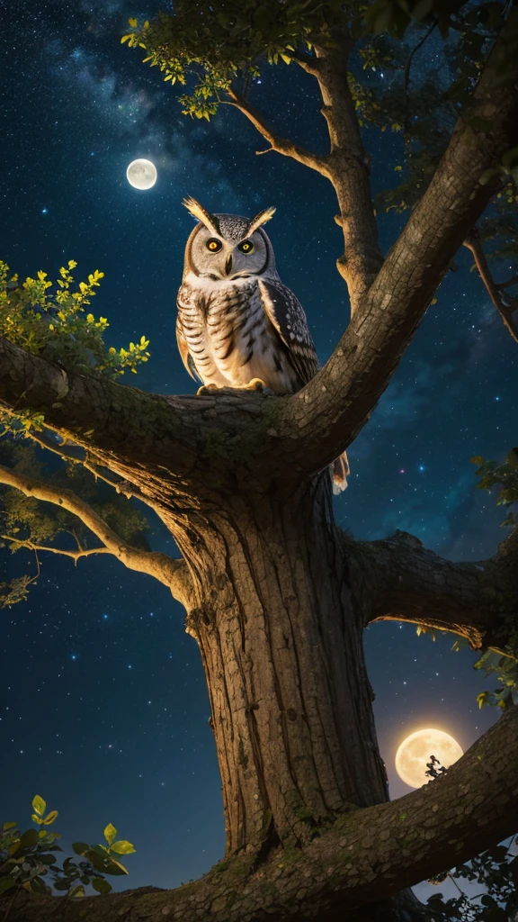 Owl resting in a big tree hole, night, Full Moon, Starry Sky, (masterpiece), (best quality), (Ultra-high detail), (Reality)