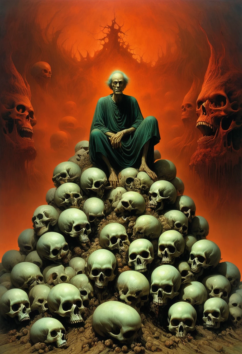 A painting，The painting shows a man sitting on a pile of skulls, Disturbing, crawl, gloomy, rotten, High saturation by zdzislaw beksinski