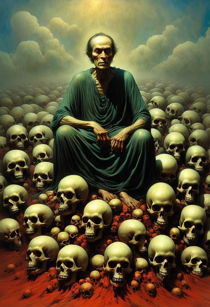A painting,The painting shows a man sitting on a pile of skulls, Disturbing, crawl, gloomy, rotten, High saturation by zdzislaw beksinski