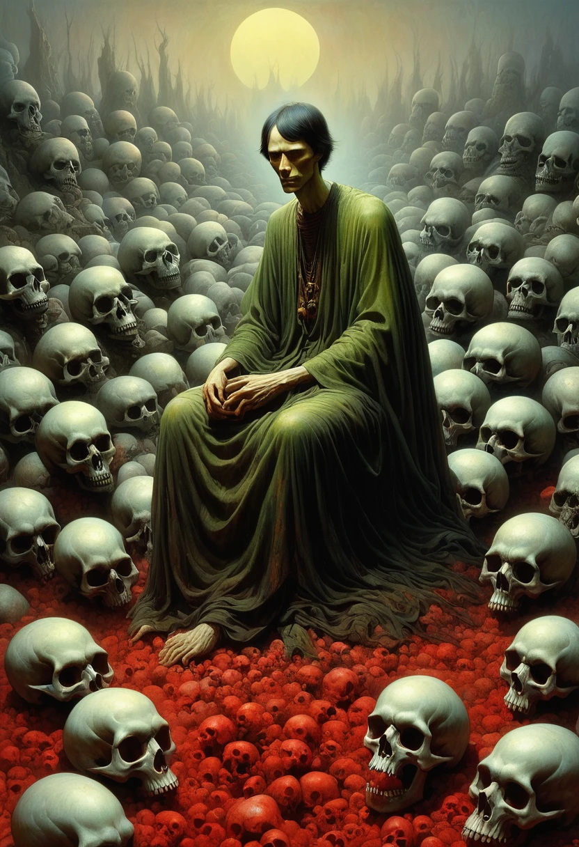 A painting,The painting shows a man sitting on a pile of skulls, Disturbing, crawl, gloomy, rotten, High saturation by zdzislaw beksinski