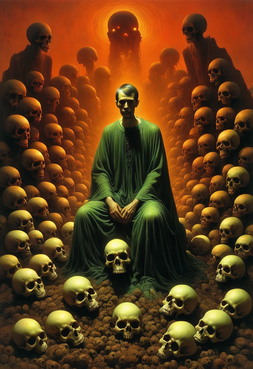A painting,The painting shows a man sitting on a pile of skulls, Disturbing, crawl, gloomy, rotten, High saturation by zdzislaw beksinski
