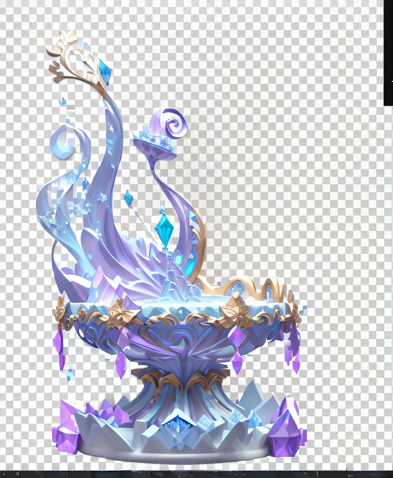 Cake cartoon picture,Top with blue frosting, Fountain of Eternal Life, Baroque vapor wave statue, Art Nouveau Octane Rendering, Intricate crystal jelly gorgeous, 3D rendering style, Stylization, on a throne of crystals, Concept Art Magic Highlights, 3D amazing details, Sit on a refined throne, Game assets, Severe jpg artifacts