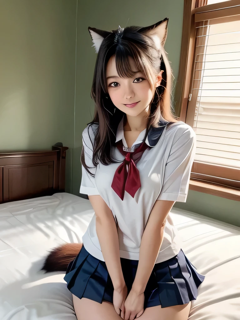 ((Highest quality, 32k)), ((masterpiece)), (Familiar), Perfect Face, School Girl, pretty girl, On the bed, She has a bushy tail, She has a red fox tail., She stands up her fluffy tail, Beautiful hip line, Small breasts, She is wearing a cute uniform, A large tail sticks out, Climbing on all fours, Slender body, She looks shyly at her tail, Her tail pushes up her skirt to reveal her white panties, A red fox tail protrudes from the hem of her skirt., Embarrassed face