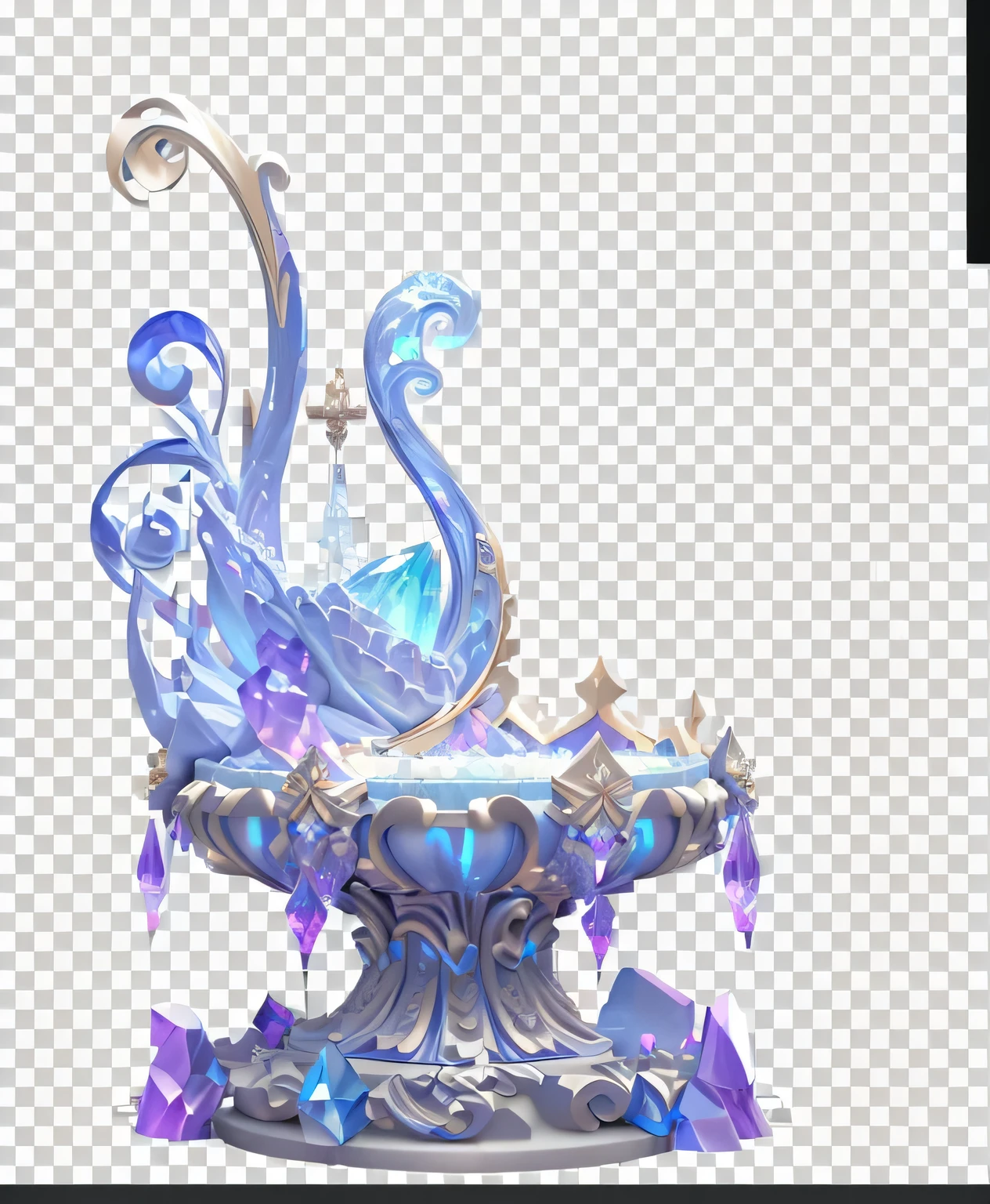 Cake cartoon picture,Top with blue frosting, Fountain of Eternal Life, Baroque vapor wave statue, Art Nouveau Octane Rendering, Intricate crystal jelly gorgeous, 3D rendering style, Stylization, on a throne of crystals, Concept Art Magic Highlights, 3D amazing details, Sit on a refined throne, Game assets, Severe jpg artifacts
