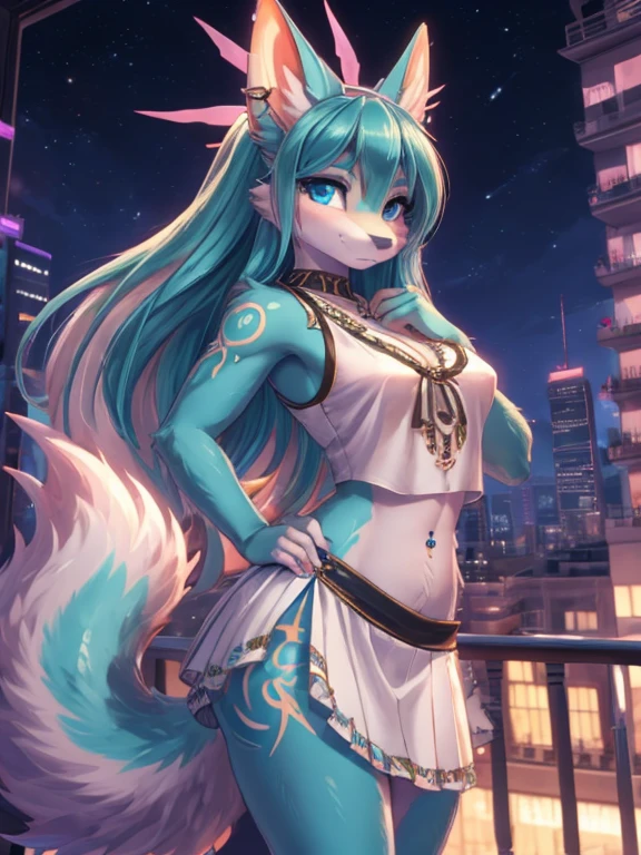 Chica anime,tennage girl 18 years old, anime style, cute hatsune miku x suicune, shy girl , Orejas de Kitsune, arte de dark natasha, city landscape, arte de vixen aztra, cuerpo completo, patas hermosas, cintura delgada, caderas amplias, navel white blouse, white&pink skirt, navel piercing, ear piercing, navel tattoo, atrevid pose, back pose, fluffly tail, sensual eyes (la mejor definicion) long hair, black flash, city party, city night life, party girl, idol girl, atrevid girl,deep blue eyes (HD), white&pink dress, super mega star idol, aura pura, silueta de luz, silueta radiante de luz dorada, su cuerpo brilla, best lighting in photography, mermaid mini skirt, sensual pose, tribal body tatoo, doggy stylepose, back pose, pov