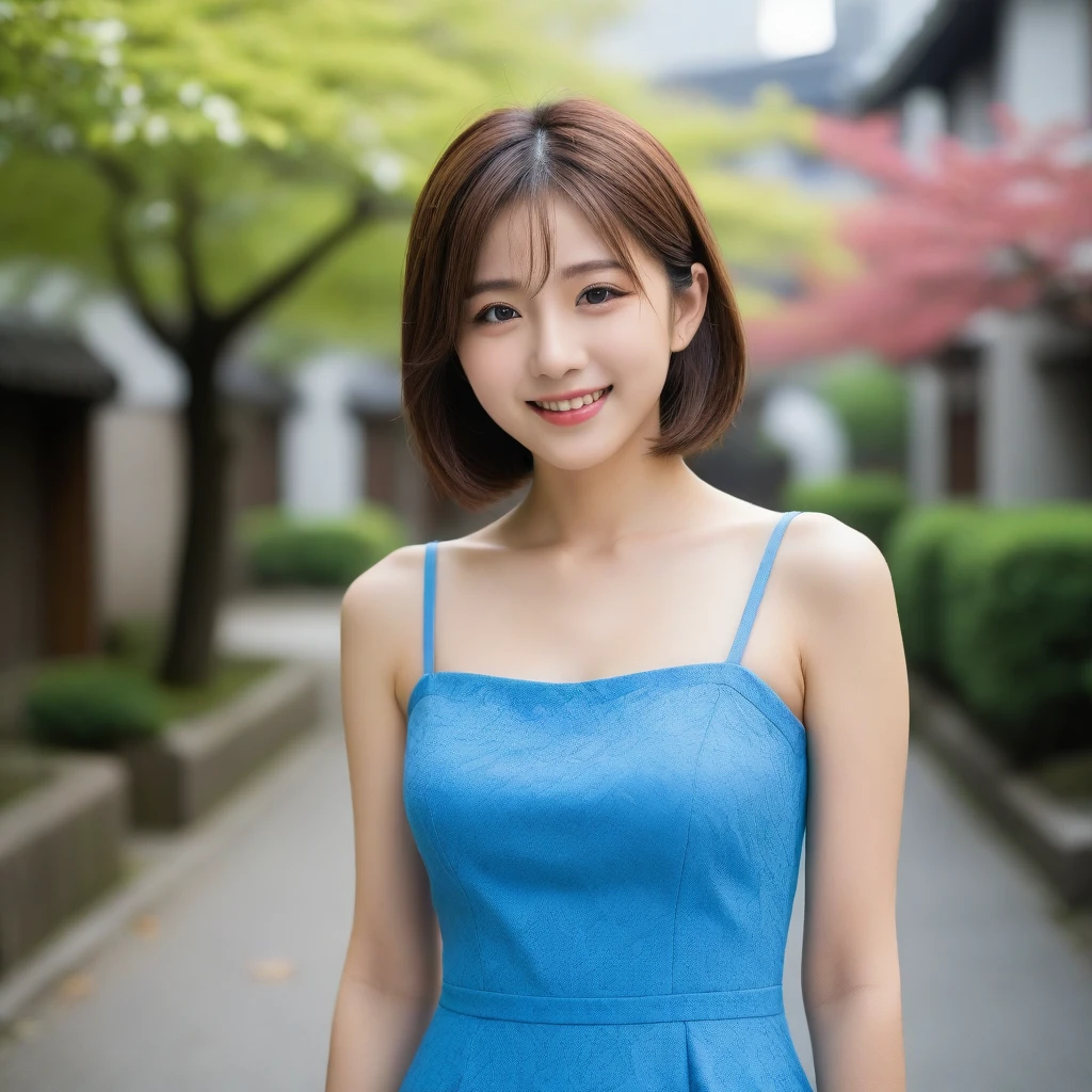 8k, Ultra-high resolution, Highest quality, masterpiece, 三分割法によるphotograph,Surreal, photograph, 1 girl, (:1.3), pretty girl, Cute face, Beautiful eyes in every detail, 細かくdetailedに,masterpiece,, One Girl:1.2, Japan Female Announcer,whole body,Young Wife,Urban area,street tree,Mini length dress,Full of cleanliness,A carefree smile,Healing the heart,Short Bob,Looking at the audience、beauty,Long neck、Laugh a little、Please close your mouth and laugh、(((Ideal body type))),A-cup small breasts :2,、Portraiture:2、Perfect Anatomy、鮮明なdetailed、detailed、Surreal、Light and shadow,Strong light