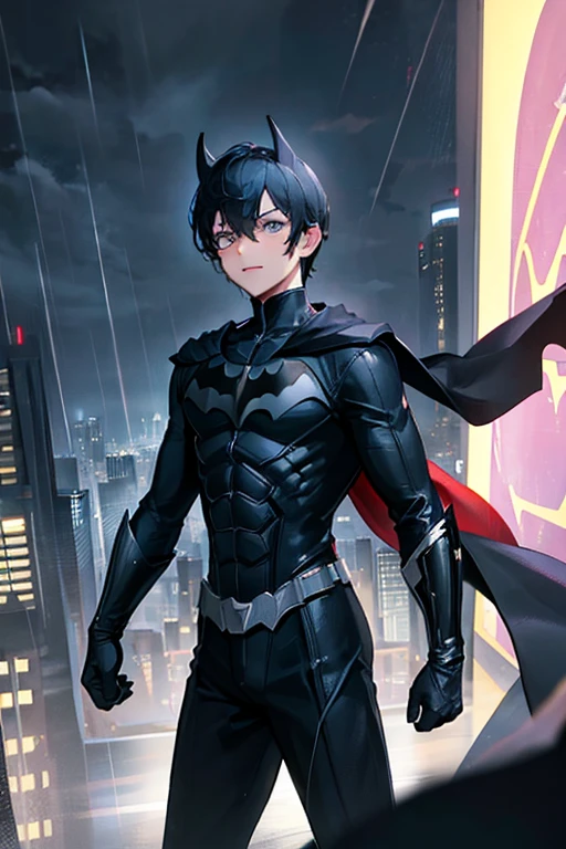 1boy, superhero, batman, night sky, city, rain, roof