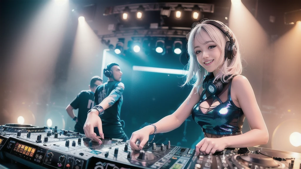 (ultra - detailed, 16K resolution, Cinema lenses, rendering by octane), (high resolution:1.18), intricate detail, (masterpiece:1.1), (highest quality:1.1), (1girl, portrait, white hair, blue eyes, short hair, detailed eyes),Wearing silver DJ headphones, Shiny silver sequined T-shirt, (Iconic hip-hop pop costumes:1.3), Smile while DJing on stage, full body shot of, The spotlight shines on the female DJ. Photorealistic photography by Disco Lighting, (cute round face:1.3), perfect fingers, five fingers, beautiful hands, perfect hands. master peace, cute smile.