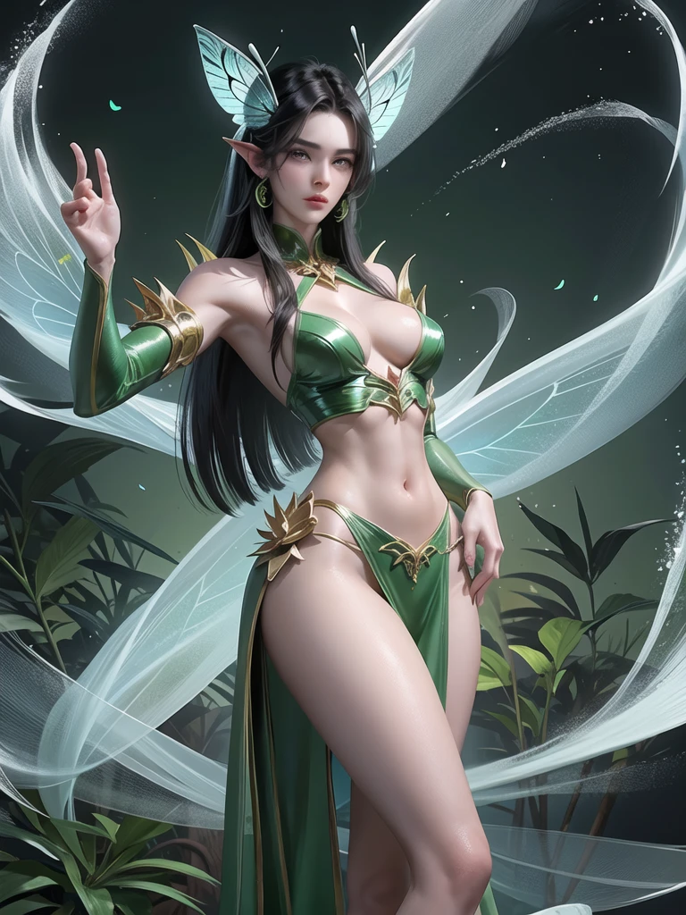 (Martial arts style works),(quality),(height) ,1 sexy young man,light green eyes, Short dark green hair., alone,(Sexy young boy, detailed background),A face that is handsome and sexy.,fairy tale,(butterfly race),Slim, sexy, shiny body,It has perfectly detailed butterfly wings.,Picture of creating a magic camp,Show movie subtitles,Don't look at the view.,Not looking at the view,Amazing light and shadow,Wear a gorgeous, sexy, perfectly detailed traditional Chinese outfit. web style,moon,Moths all around, floating on water,There was a large, fine green ring around it.