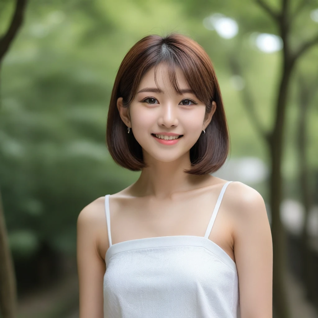 8k, Ultra-high resolution, Highest quality, masterpiece, 三分割法によるphotograph,Surreal, photograph, 1 girl, (16 years old:1.3), pretty girl, Cute face, Beautiful eyes in every detail, 細かくdetailedに,masterpiece,, One Girl:1.2, Japan Female Announcer,whole body,Young Wife,Urban area,street tree,Mini length dress,Full of cleanliness,A carefree smile,Healing the heart,Short Bob,Looking at the audience、beauty,Long neck、Laugh a little、Please close your mouth and laugh、(((Ideal body type))),A-cup small breasts :2,、Portraiture:2、Perfect ???????、鮮明なdetailed、detailed、Surreal、Light and shadow,Strong light