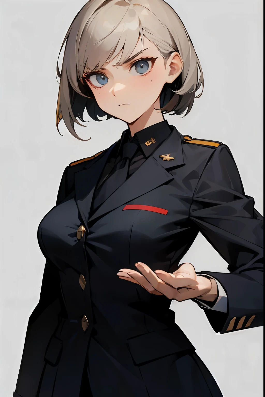 1female , Suit , Military General Clothing ,Black blazer with white cuffs , Serious Expression