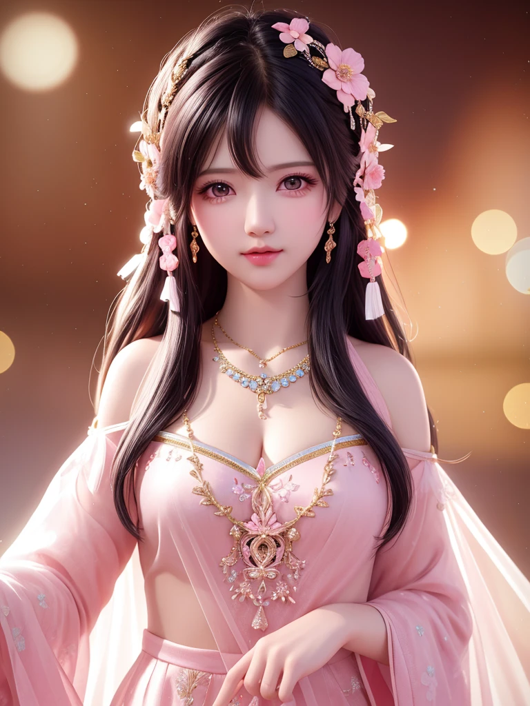 best quality, masterpiece, High target, 1 Girl, beautiful clothes, Hair Decorationss, necklace, Decorations, Pretty Face, When the body, Tyndall effect, Realistic Portraits,Edge lighting, Two-color light, (Very delicate skin:1.2), 8K uhd, Digital SLR Camera, Soft Light, high quality, Volumetric Lighting, Honest, photo, high resolution, 4k, 8K, Bokeh, black hair，pink hair tips, Pink Eyes.