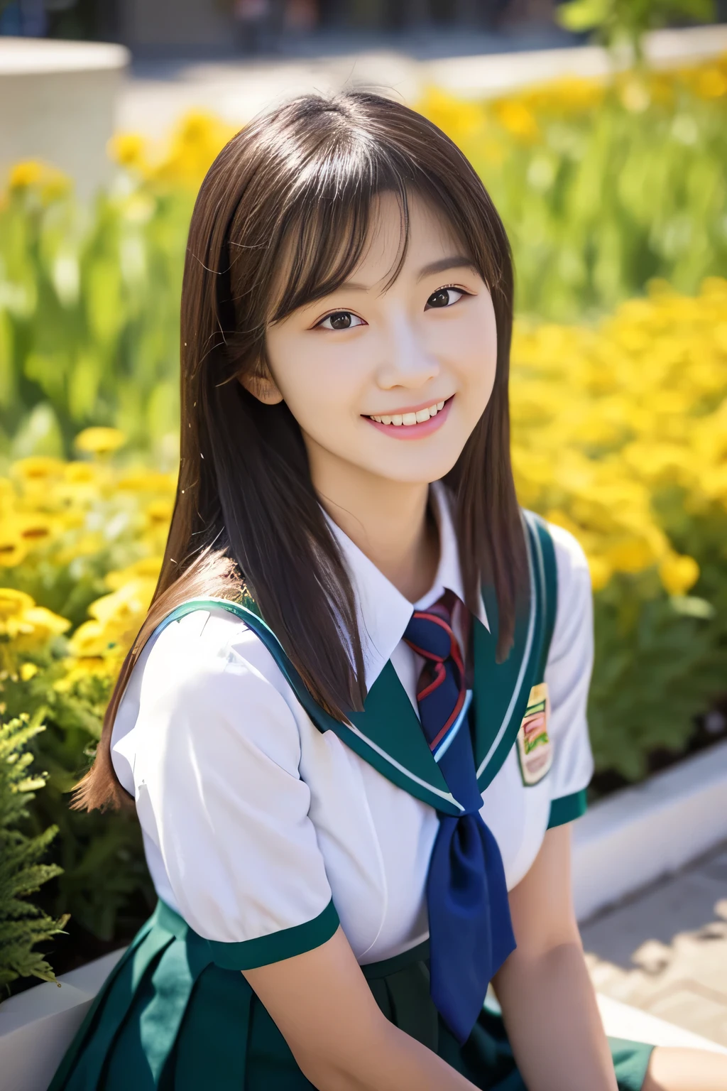 (((full bodyesbian)))、((Girls' High School Uniforms))、((1a person))、ponytail、short-hair、Close to the subject、((a school flower beds)))、(((ssmile)))、(((Girls' High School)))、((a beauty girl))、((sexy pose))、Photorealsitic、Beautiful detailed eyes、Hyper-Realism、highcontrast、Ultra HD、realistic skin textures、Top image quality、top-quality、超A high resolution、Fine details、Very meticulously、well-endowed round bosom