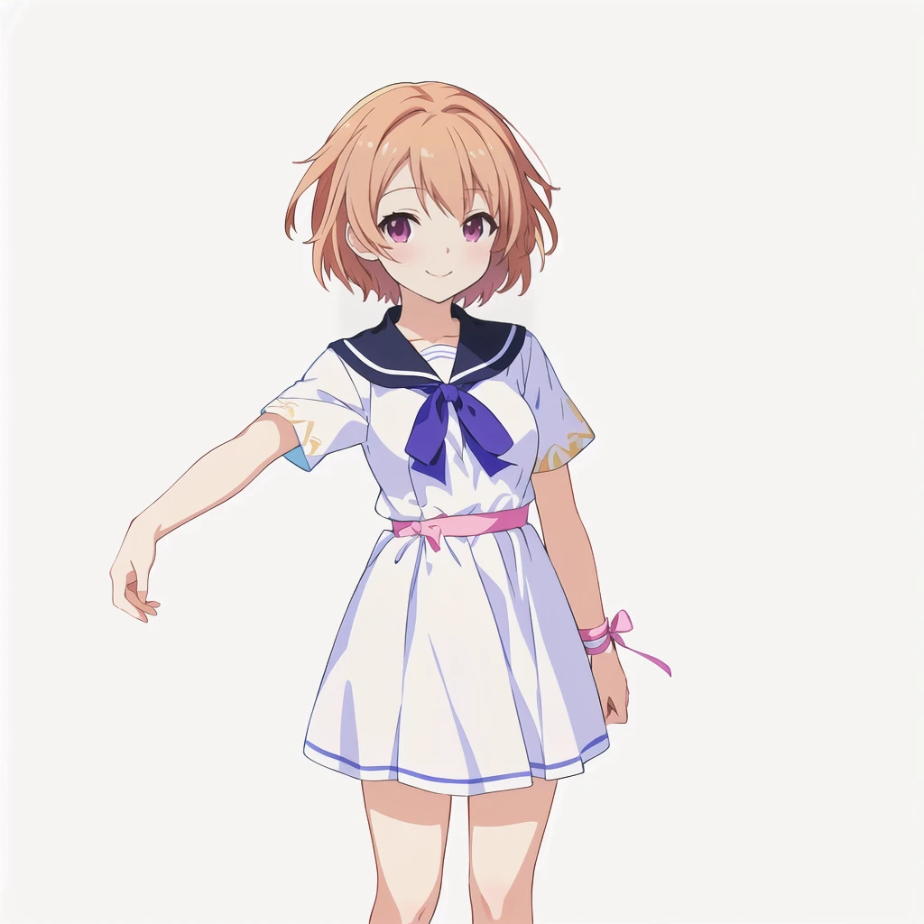 Highest quality, high resolution, High quality anime art style, Official Art, Smooth anime CG art, Stylized anime, Cute 3D anime girl render, Visual Novel Sprites, White background, whole body, Anime-style 3D, Smooth anime CG art, Humanoid Girl, JRPG Characters, Anime girl wearing a pink dress with a ribbon, Short sleeve, smile, Chestnut Hair, short hair, Small Bust, Small breasts, 13 years old