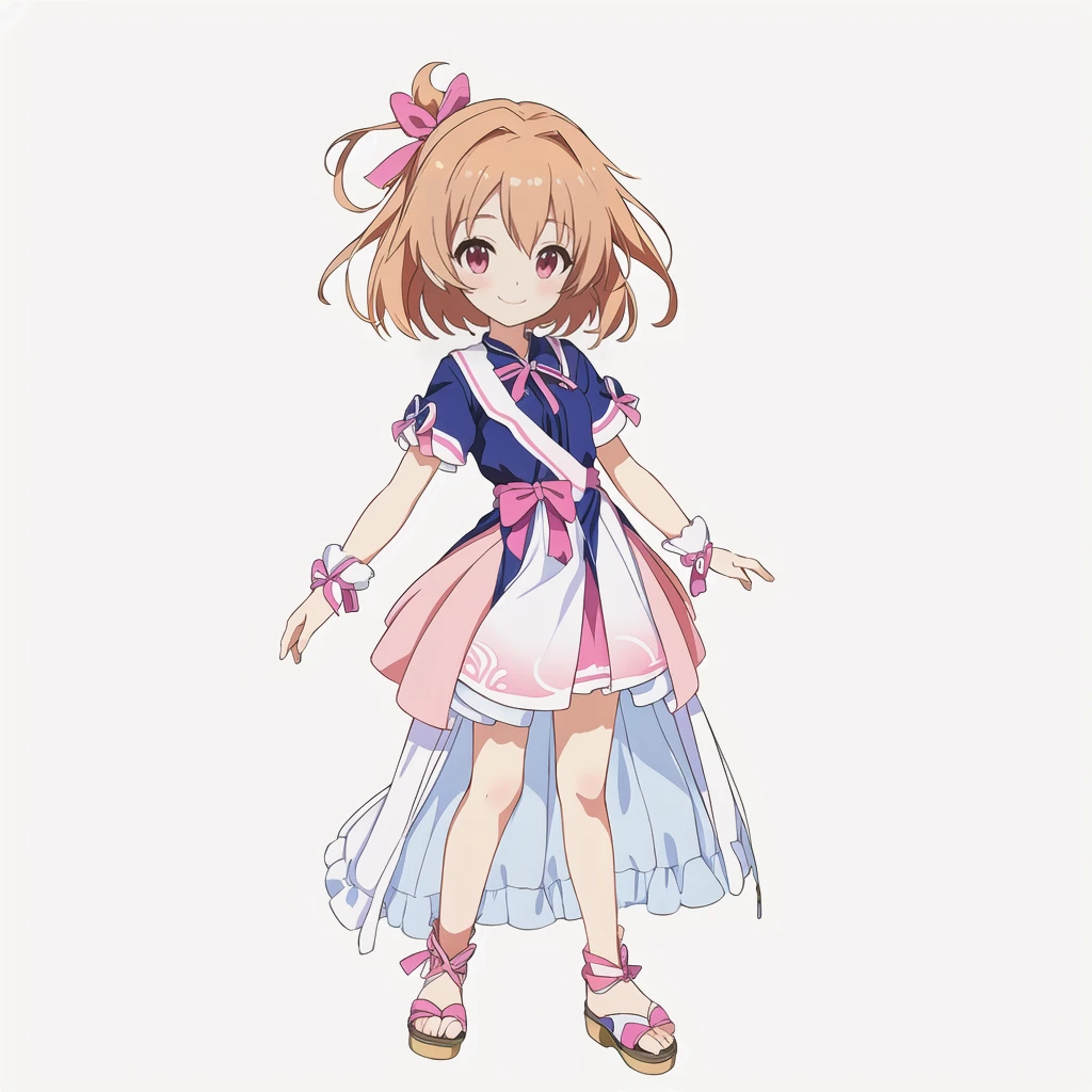 Highest quality, high resolution, High quality anime art style, Official Art, Smooth anime CG art, Stylized anime, Cute 3D anime girl render, Visual Novel Sprites, White background, whole body, Anime-style 3D, Smooth anime CG art, Humanoid Girl, JRPG Characters, Anime girl wearing a pink dress with a ribbon, Short sleeve, smile, Chestnut Hair, short hair, Small Bust, Small breasts, 13 years old