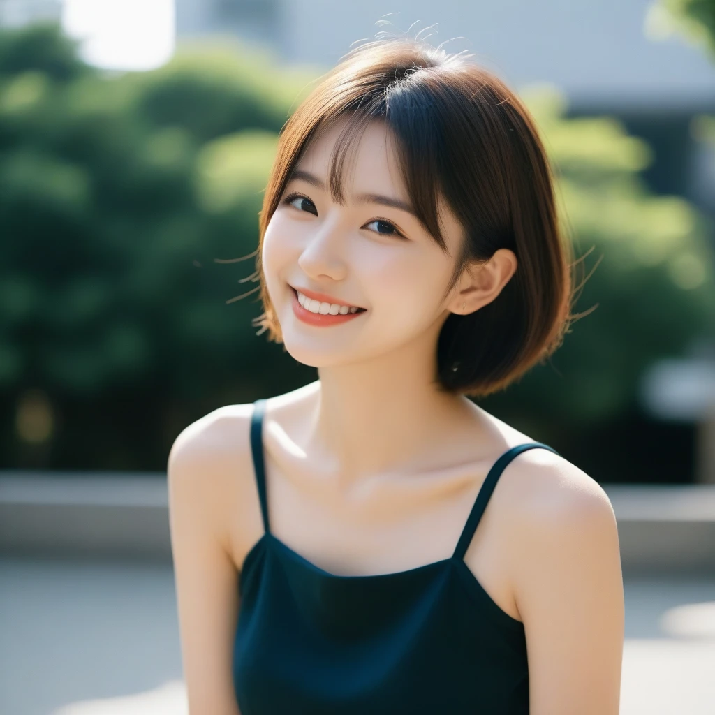 8k, Ultra-high resolution, Highest quality, masterpiece, 三分割法によるphotograph,Surreal, photograph, 1 girl, (:1.3), pretty girl, Cute face, Beautiful eyes in every detail, 細かくdetailedに,masterpiece,, One Girl:1.2, Japan Female Announcer,whole body,Young Wife,Urban area,street tree,Mini length dress,Full of cleanliness,A carefree smile,Healing the heart,Short Bob,Looking at the audience、beauty,Long neck、Laugh a little、Please close your mouth and laugh、(((Ideal body type))),A-cup small breasts :2,、Portraiture:2、Perfect Anatomy、鮮明なdetailed、detailed、Surreal、Light and shadow,Strong light