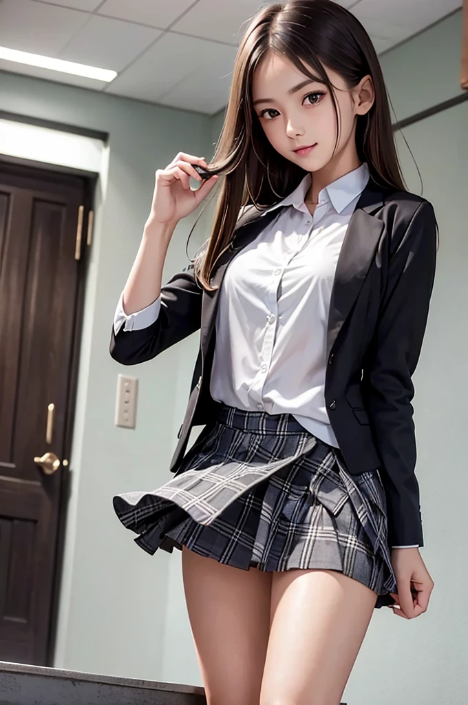 Top quality, high image, 1 woman, 18 years old, school stairs, black jacket, Medium breasts,white blouse,(plaid miniskirt), cotton panties,upskirt from below