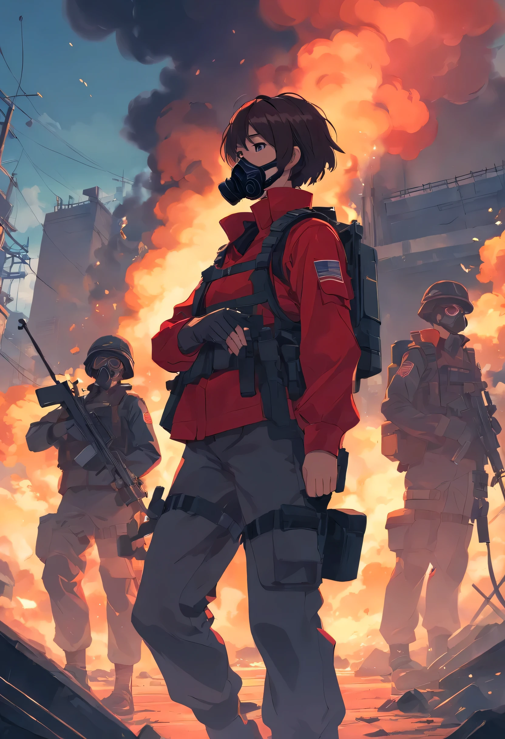 Tall soldiers, bulletproof vest, (soldier uniform), red and black, weapon, gatling gun, gas mask, rank on the side of clothing, horizon, full fire, balck and red colours, smoke and shadows