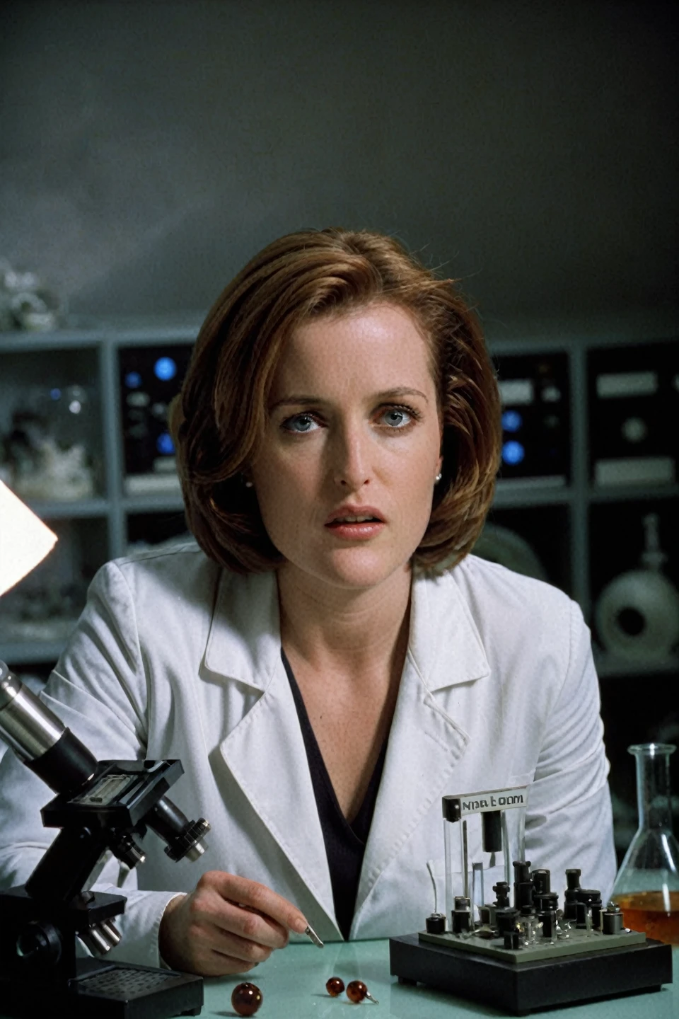 Dana Scully in the laboratory, surrounded by scientific equipment and alien artifacts. She is wearing a lab coat and examining a strange object.., otherworldly specimen under a microscope. The room is filled with bright, artificial light, contrasting with dark secrets, which she reveals. Her facial expression is one of admiration and concern.., reflecting the dual nature of her work. woman Dana Scully, shows belly