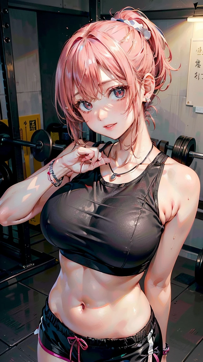 (Masterpiece, BestQuality:1.3), (ultra detailed:1.2), (hyperrealistic:1.3), (RAW photo:1.2), High detail RAW color photo, professional photograph, (Photorealistic:1.4), (realistic:1.4), professional lighting, perfect anatomy, (Big Breasts:1.2), (blush, detailed face), (cheerful Smile:1.5), Trending Hair&Trending Hairカラーをランダムに, earrings, necklace, bracelet, sexy, erotic sexy, Random sexy gravure poses, (A sexy beauty in a black sports bra and shorts is smiling while working out in the gym。Pink ponytail is healthy。: 1.3)