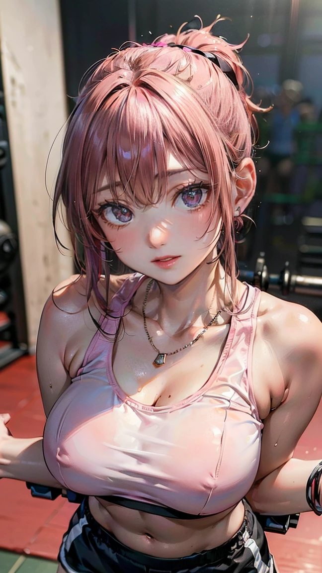 (Masterpiece, BestQuality:1.3), (ultra detailed:1.2), (hyperrealistic:1.3), (RAW photo:1.2), High detail RAW color photo, professional photograph, (Photorealistic:1.4), (realistic:1.4), professional lighting, perfect anatomy, (Big Breasts:1.2), (blush, detailed face), (cheerful Smile:1.5), Trending Hair&Trending Hairカラーをランダムに, earrings, necklace, bracelet, sexy, erotic sexy, Random sexy gravure poses, (A sexy beauty in a black sports bra and shorts is smiling while working out in the gym。Pink ponytail is healthy。: 1.3)