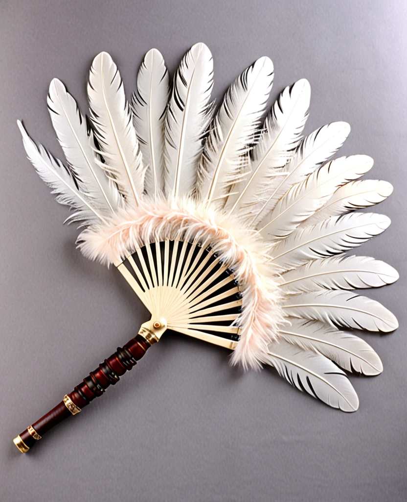 (Handle Feather Fan)、(Wooden handle)、((It is made up of many overlapping feathers.))、(The handle is at the base of the blade.)、A collection of many long feathers、