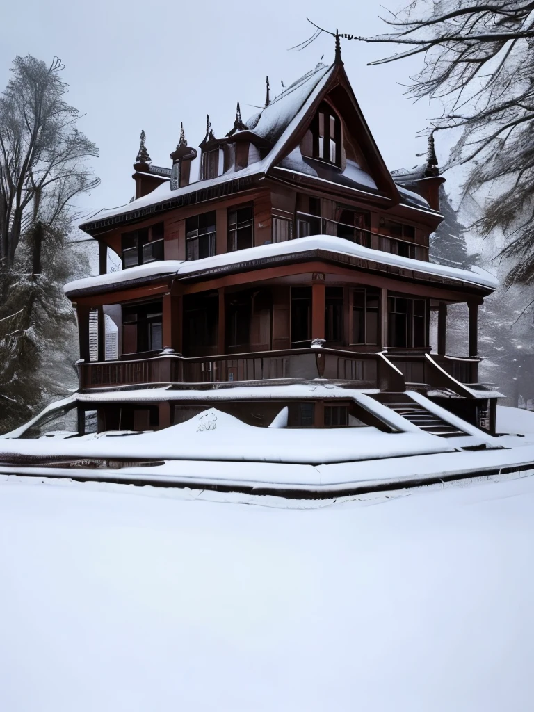 arafed house in the snow with a staircase leading up to the front, a tilt shift photo by Chris Cold, flickr, art nouveau, an abandoned, an abandoned old, an old abandoned mansion, victorian manor, abandoned polish mansion, abandoned house, victorian house, abandoned, victorian setting, abandoned castle, mysterious exterior, old abandoned house, gothic mansion, very ornate