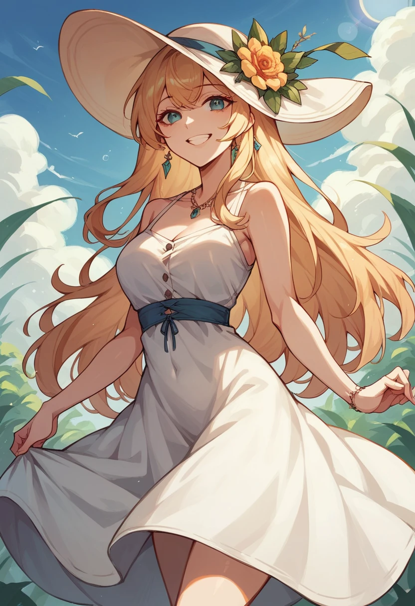 a woman named eliza, smiling at viewer, sun dress