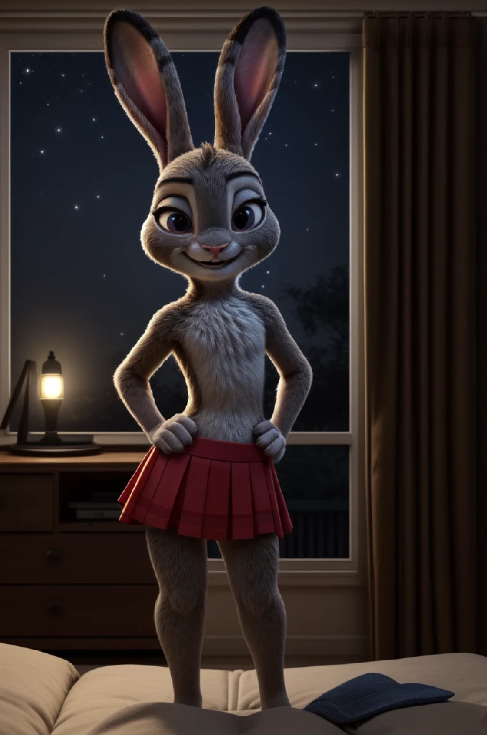 judy hopps, young, POV , human hands, lube, at home, tv on the background, watching tv, hands on hips, night, someone peeping behind window, skirt , panties pulled down, seductive, smile