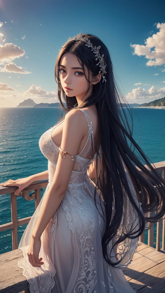 Beautiful 20 year old girl , Dreamlikeart, highly detailed airbrush art (((surreal)), intricate details, volumetric lightinasterpiece: 1.2), (best quality), 4K, ultra detailed, (dynamic composition: 1.4),Masterpiece,((Clear lines)), sexy traditional,(real) ,Best quality, Flat color, Low contrast, ((1girll)),(((a extremely delicate and beautiful girl))),(Beautiful detailed face),(Beautiful detailed eyes),{Long hair},hair adornments,((middle  breasts)),cabelos preto e longos,Hair ribbon, , standing,((view the viewer:1.6)), View from below,Beautiful detailed sky,Bright sky,Cloudy sky,Sunlight, (detailedlight),lighting,Colorful,Ocean,beach, bridge,Way to school,skyscrapper, Autumn, haze