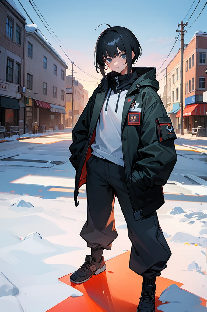 iso_valorant, standing, looking at viewer, jacket, hoodie, long pants, bandaid on face, short black hair, town, winter, arms in pockets, man, lean build