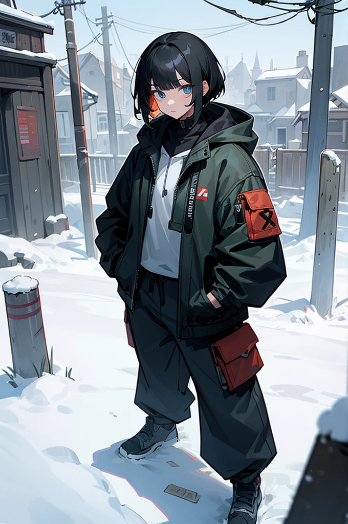 iso_valorant, standing, looking at viewer, jacket, hoodie, long pants, bandaid on face, short black hair, town, winter, arms in pockets, man, lean build
