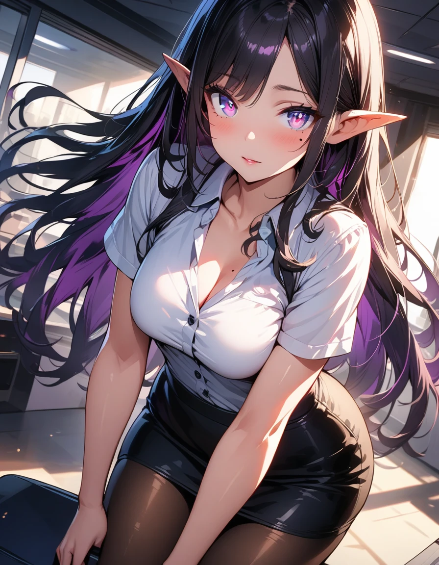 ((highest quality, best quality, masterpiece, ultra high definition, high dynamic range, ultra high resolution)), ((ultra-detailed illustrations:1.2)), 1 girl, solo, anime style, dynamic lighting, dynamic angle, looking at viewer, indoor, office, (beautiful detailed face, beautiful detailed skin, shiny skin, mole under the eyes, pointed ears, mid-chest), (beautiful detailed hair, parted bangs, long hair, black hair, dark purple hair, multi colored hair), (beautiful detailed eyes, beautiful detailed pupils, violet eyes), (white shirt, collared shirt, short sleeves, black mini skirt, pantyhose)
