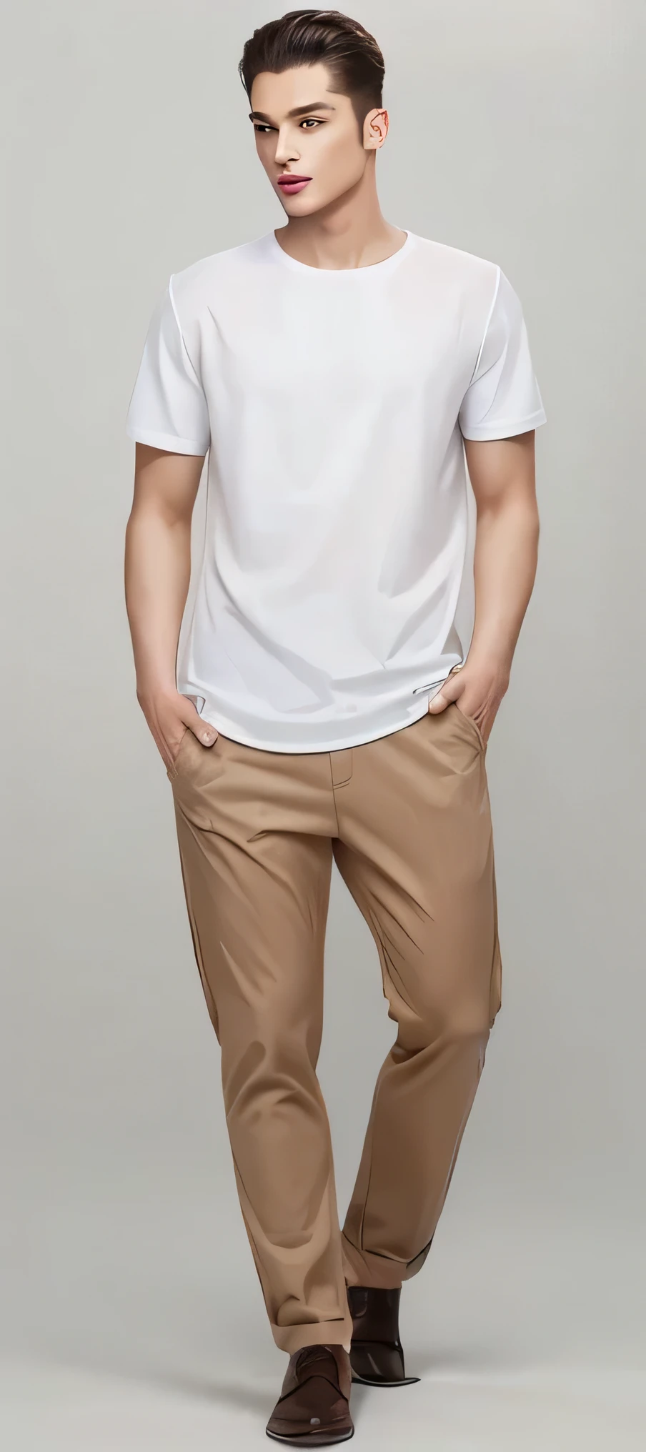 Male model wearing white short-sleeved shirt and brown pants,E-commerce photos,Promotional video