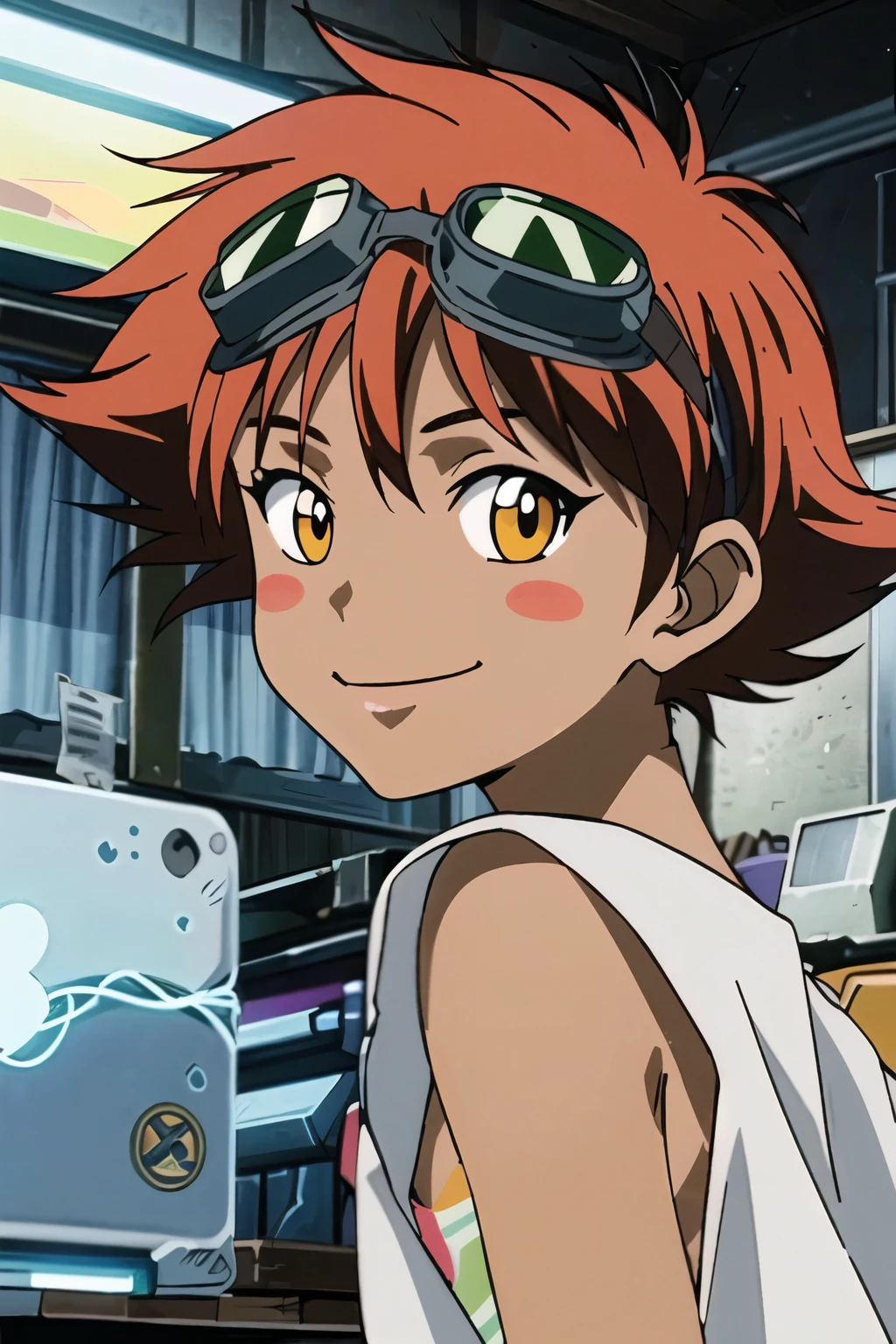 Edward, orange hair, blush stickers, (tanned skin) (naked), from behind, brown eyes, goggles on head, smile, small breasts, sitting in computer lab, upper body, looking at viewer (insanely detailed, beautiful detailed face, masterpiece, best quality ,