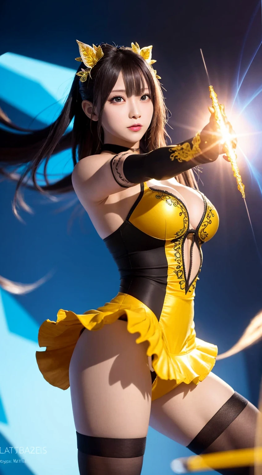 (High resolution, sharp, fractal), high detailed, character design, anime character, game character, 1 female, up from thigh, dynamic pose, fighting pose, action pose, Super Glowing Skin, Magical girl, Age 25, (((intricate detailed leotard))), ((frill Mini skirt frill)), sagging massive breast, yellow and black costume, (camel toe),Cyclone spinning, 