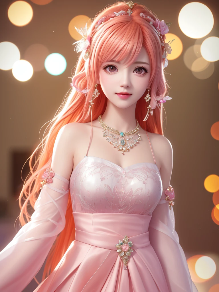best quality, masterpiece, High target, 1 Girl, beautiful clothes, Hair Decorationss, necklace, Decorations, Pretty Face, When the body, Tyndall effect, Realistic Portraits,Edge lighting, Two-color light, (Very delicate skin:1.2), 8K uhd, Digital SLR Camera, Soft Light, high quality, Volumetric Lighting, Honest, photo, high resolution, 4k, 8K, Bokeh, Orange hair,pink hair tips, Pink Eyes.