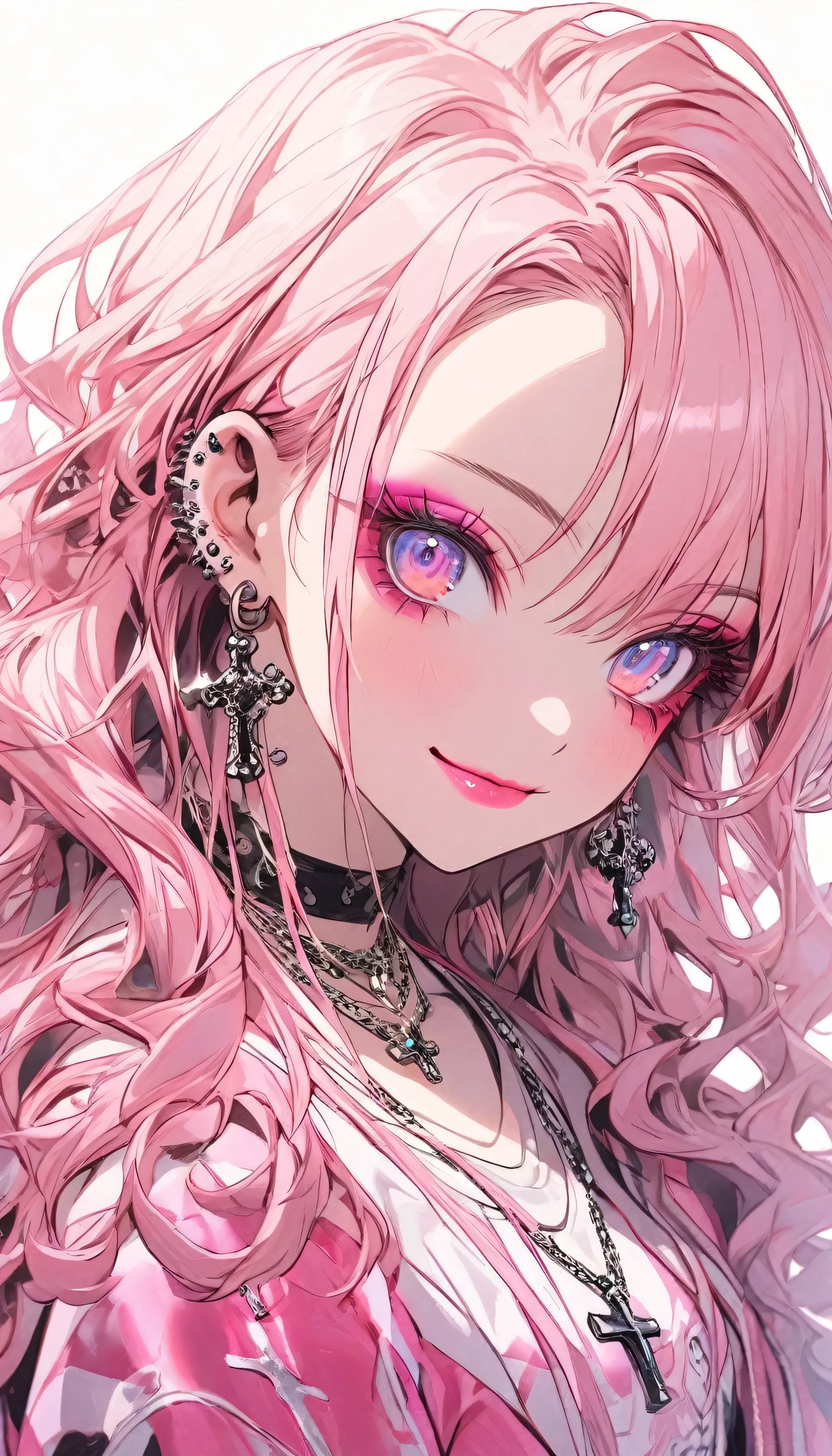 Niji Style, 1girl, kawaii, smile, long hair, looking at viewer, blue eyeackground, white background, jewelry, closed mouth, jacket, upper body, pink hair, earrings, pink eyes, necklace, from front, sweater, lips, eyelashes, makeup, wavy hair, piercing, cross, lipstick, ear piercing, eyeshadow, hoop earrings, pink lips, multicolored eyes, pink theme, pink eyeshadow,