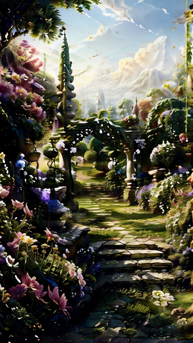 There is a flag，Lots of flowers and vines, Royal Garden Background, Beautiful depiction of a fairy tale, , Beautiful high resolution, Garden Background, Dreamy details, Detailed landscape, hintergrund graphic, High Detail), Well rendered, Flower Environment, Pillar, beautiful photo, Realistic garden, flag, Arbor