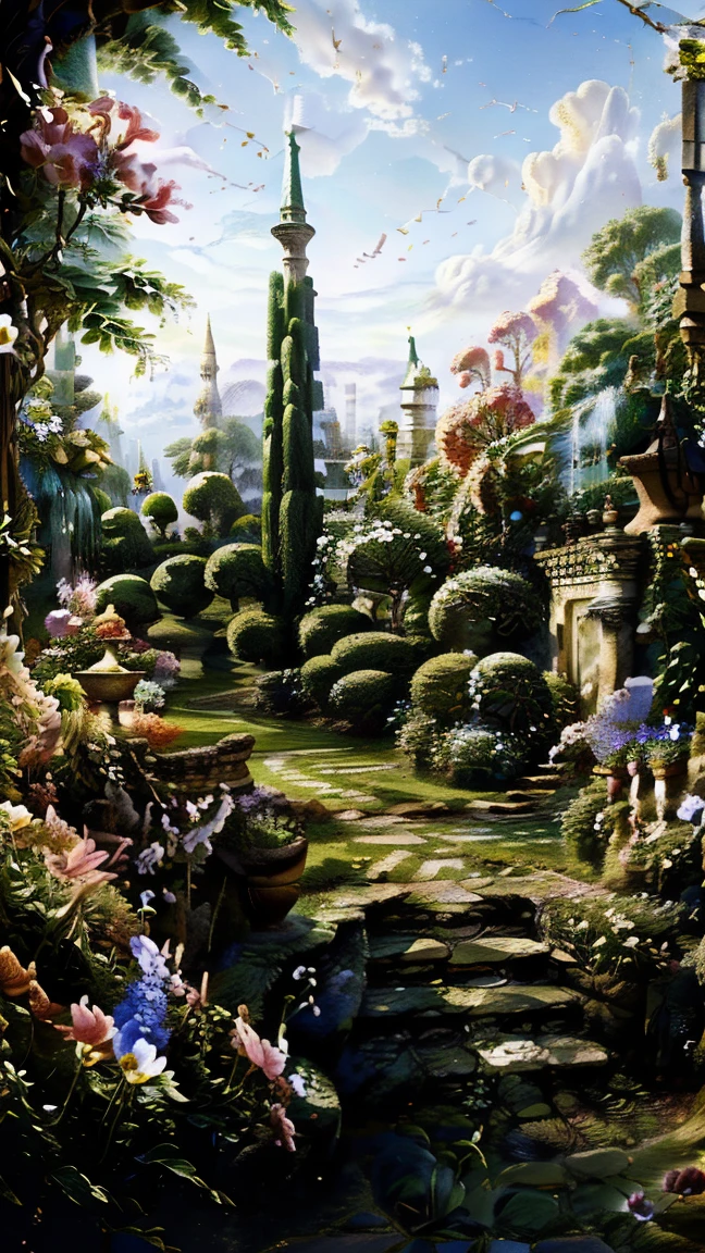 There is a flag，Lots of flowers and vines, Royal Garden Background, Beautiful depiction of a fairy tale, , Beautiful high resolution, Garden Background, Dreamy details, Detailed landscape, hintergrund graphic, High Detail), Well rendered, Flower Environment, Pillar, beautiful photo, Realistic garden, flag, Arbor