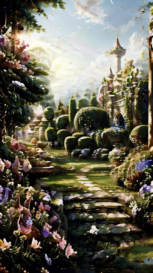 There is a flag，Lots of flowers and vines, Royal Garden Background, Beautiful depiction of a fairy tale, , Beautiful high resolution, Garden Background, Dreamy details, Detailed landscape, hintergrund graphic, High Detail), Well rendered, Flower Environment, Pillar, beautiful photo, Realistic garden, flag, Arbor