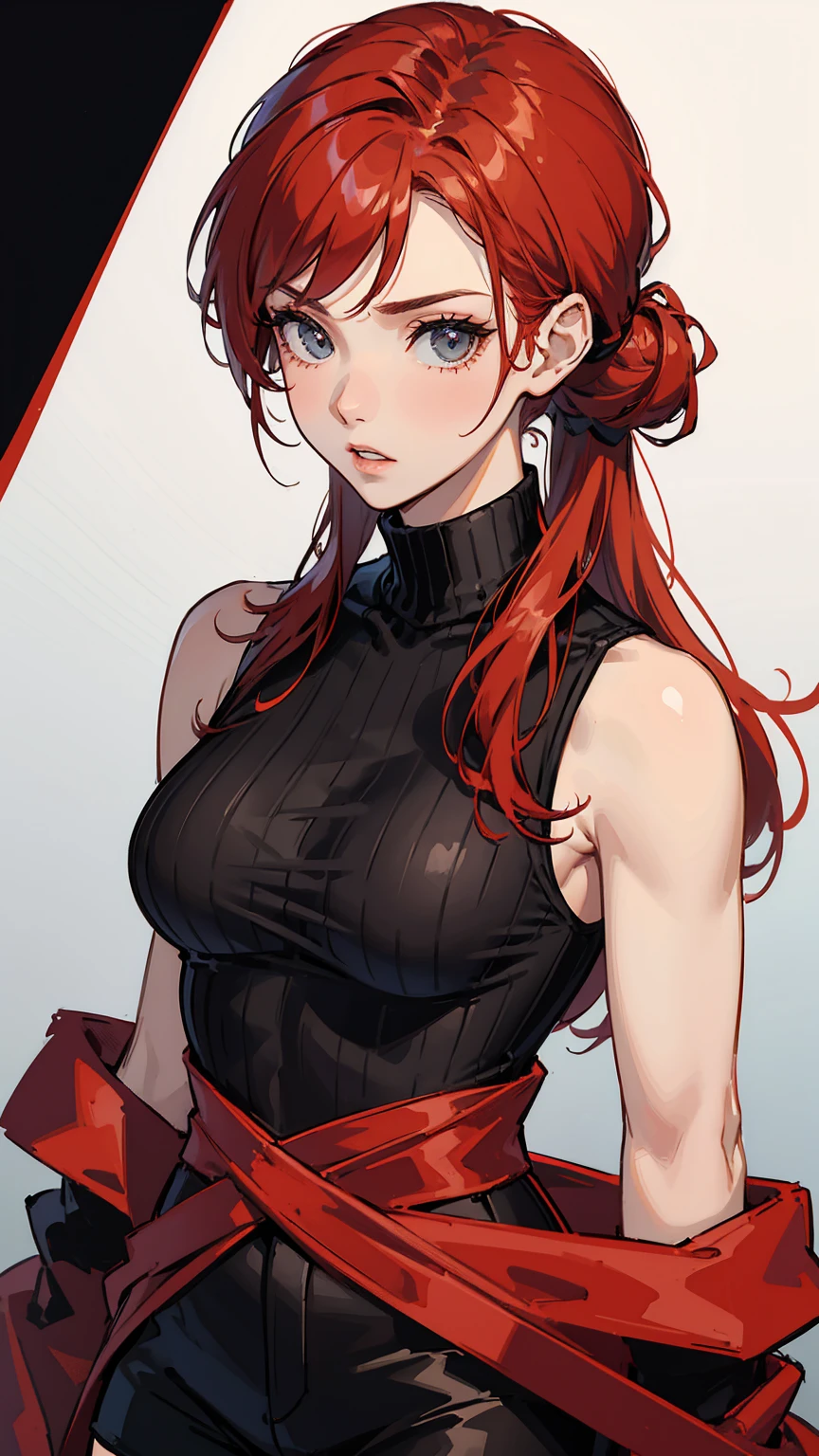 1 babe, red hair, random hairstyle , black ribbed top, sleeveless, turtleneck, , black shorts, parted lips, large, sexy looking