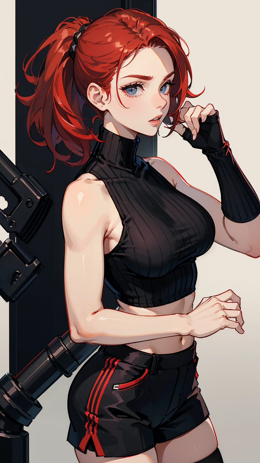1 babe, red hair, random hairstyle , black ribbed top, sleeveless, turtleneck, , black shorts, parted lips, large, sexy looking