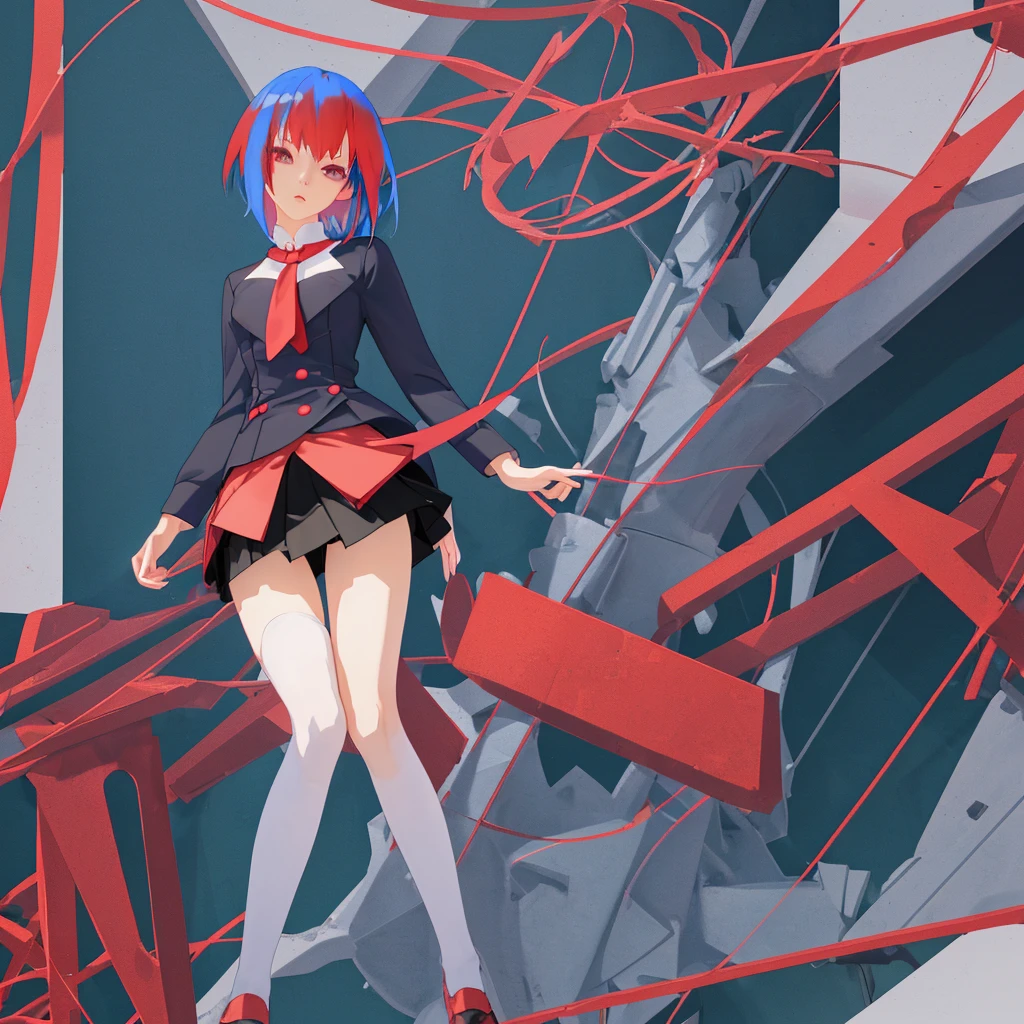 Anime girl in a short skirt and knee-length stockings, red and blue hair, 3D wallpaper.