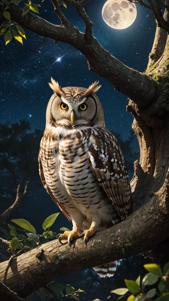 Owl resting in a big tree hole, night, Full Moon, Starry Sky, (masterpiece), (best quality), (Ultra-high detail), (Reality)