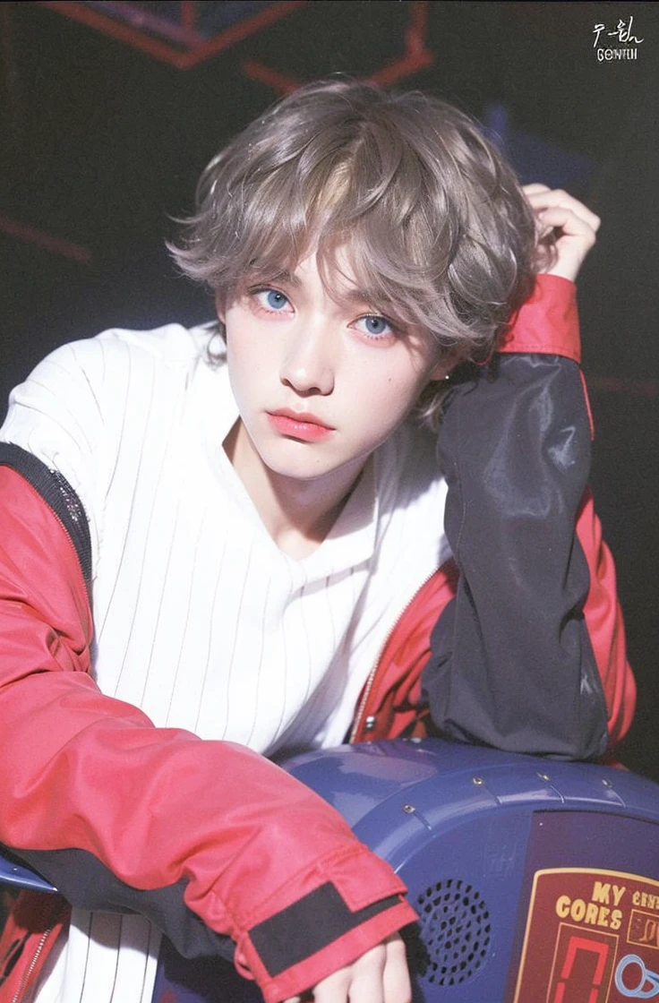 Blonde boy with blue eyes and a white sweater posing for a photo., Ulzzang masculino, Jung Jaehyun, con ojos rojos brillantes, Cai Xukun, handsome japanese demon boy, Kim Doyoung, ulzzang, Jinyoung Shin, XQC, Sus ojos sangran intensamente, ojos rojos luminosos, flequillo blanco, his eyes are red and glowing