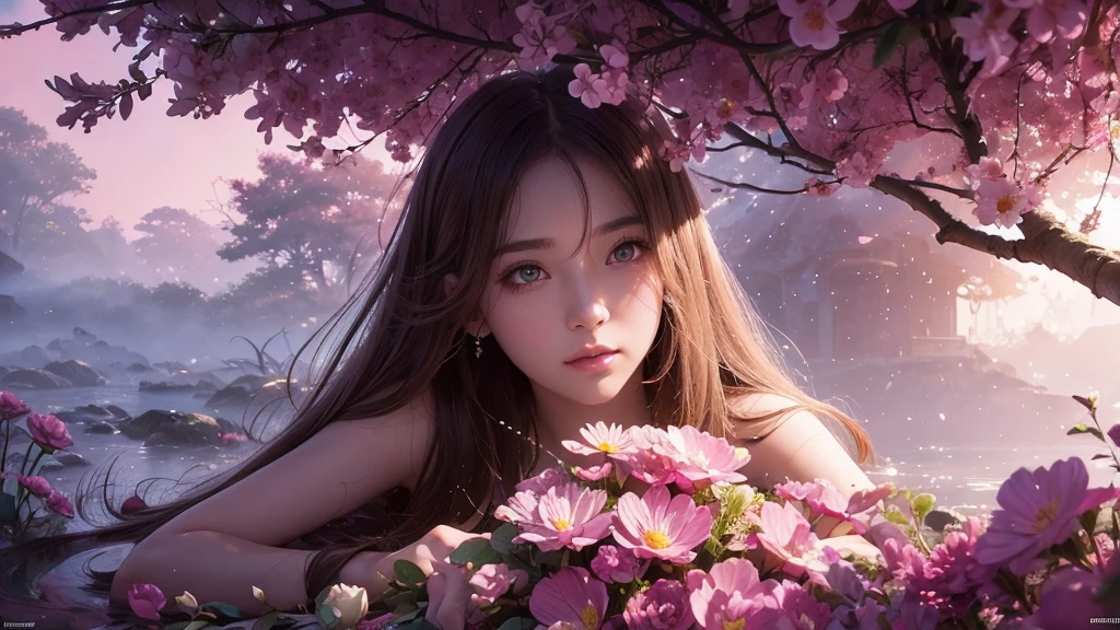 32k, Masterpiece, Highest quality, One girl, Detailed eyes, flower,Sandersonia, Pink and brown style,A dreamy, romantic piece,Pale pink, Mysterious Leaves,A playful arrangement,Fantasy,High Contrast,Ink strokes,explosion,Exposure, Impression of pink and brown tones,Abstract,((Watercolours by John Berkey and Jeremy Mann )) Brush strokes,Negative Space, Tyndall effect,