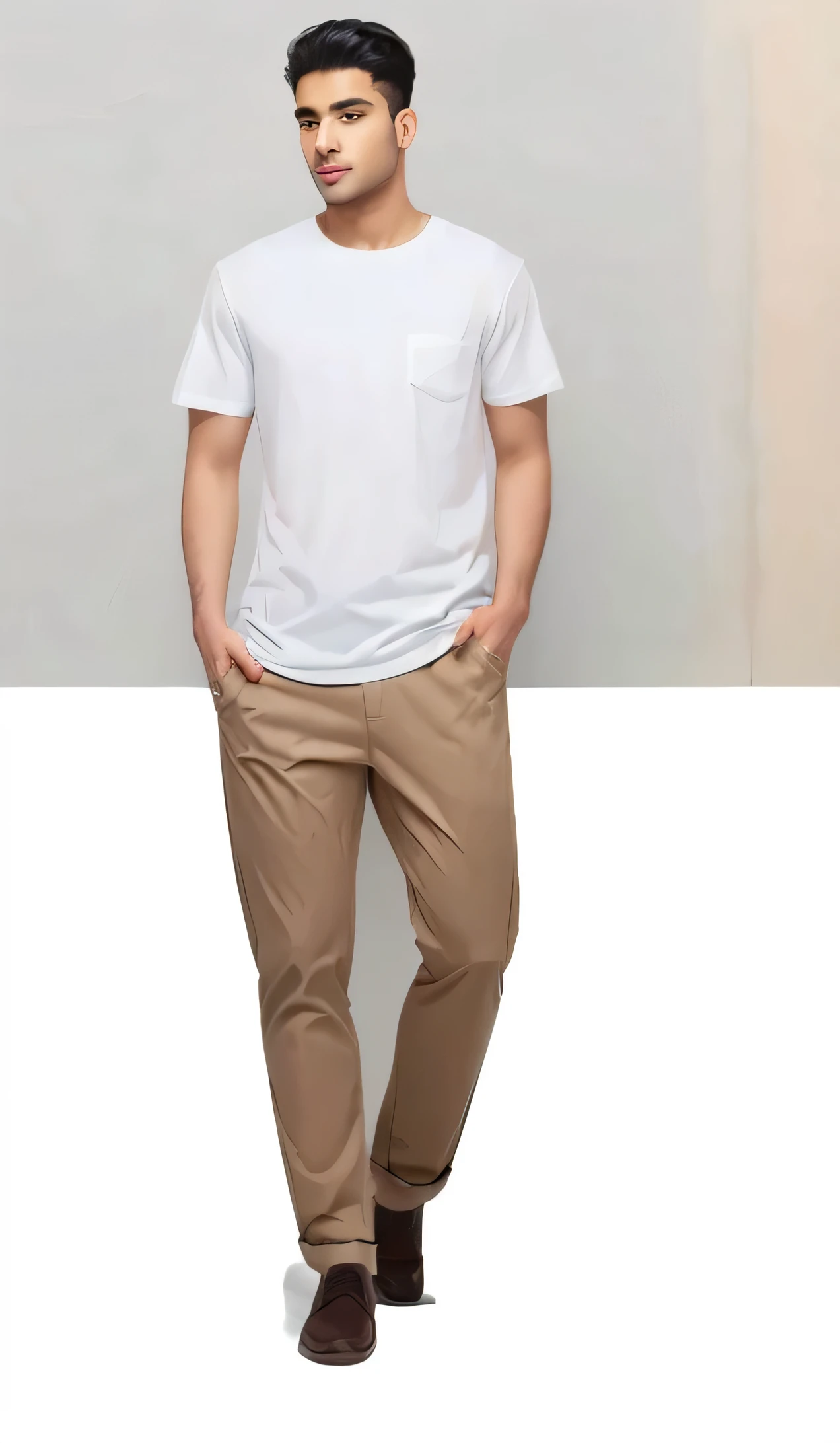 Arav man in white shirt and khaki pants standing in front of white wall, Wearing pants and T-shirt, Modern casual clothing, Brown pants, There are two front pockets, Casual Modern Clothing, Man in white t-shirt, Wear a white T-shirt, Smart casual, Wearing white T-shirt, Stylish design, Simple style
